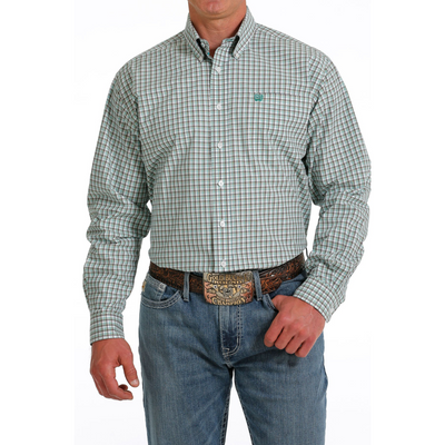 Cinch Mens Green White Brown Check LS Shirt