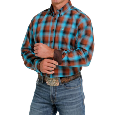 Cinch Mens Western Blue Brown Check LS Shirt