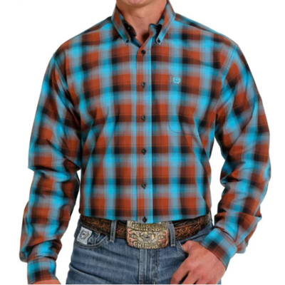 Cinch Mens Western Blue Brown Check LS Shirt