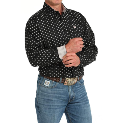 Cinch Mens Geometric Print Stretch Black LS Shirt