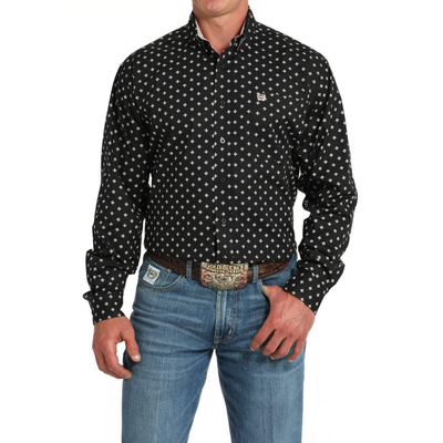 Cinch Mens Geometric Print Stretch Black LS Shirt