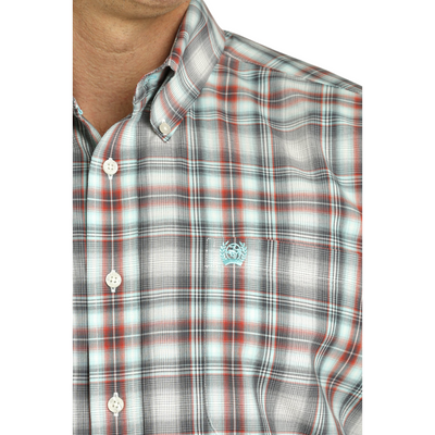 Cinch Mens Aqua Charcoal Red Check LS Shirt