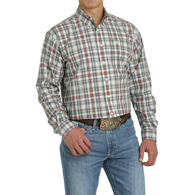 Cinch Mens Aqua Charcoal Red Check LS Shirt