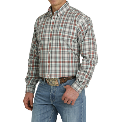 Cinch Mens Aqua Charcoal Red Check LS Shirt
