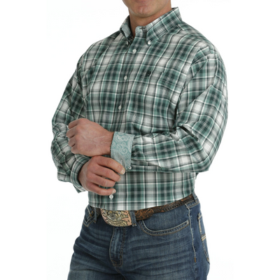 Cinch Mens Green White Check LS Shirt