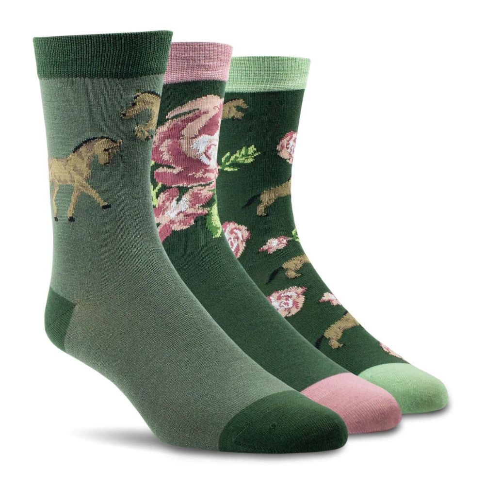 Ariat Womens Charm Crew Socks Floral Horse 3pk