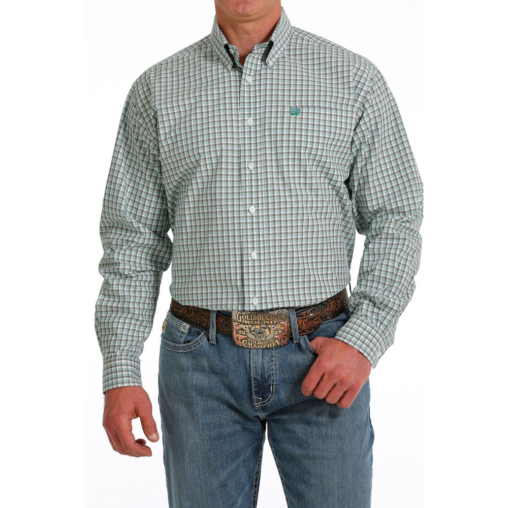 Cinch Mens Green White Brown Check LS Shirt