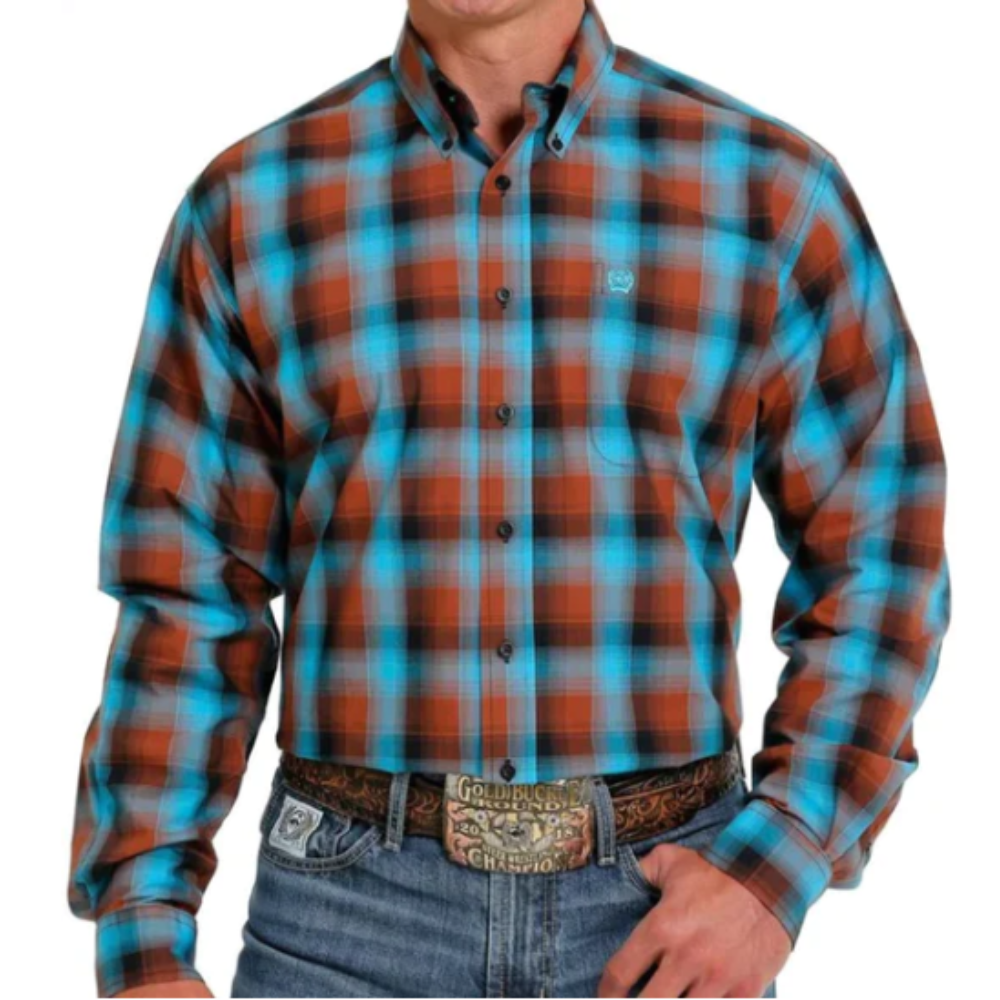 Cinch Mens Western Blue Brown Check LS Shirt