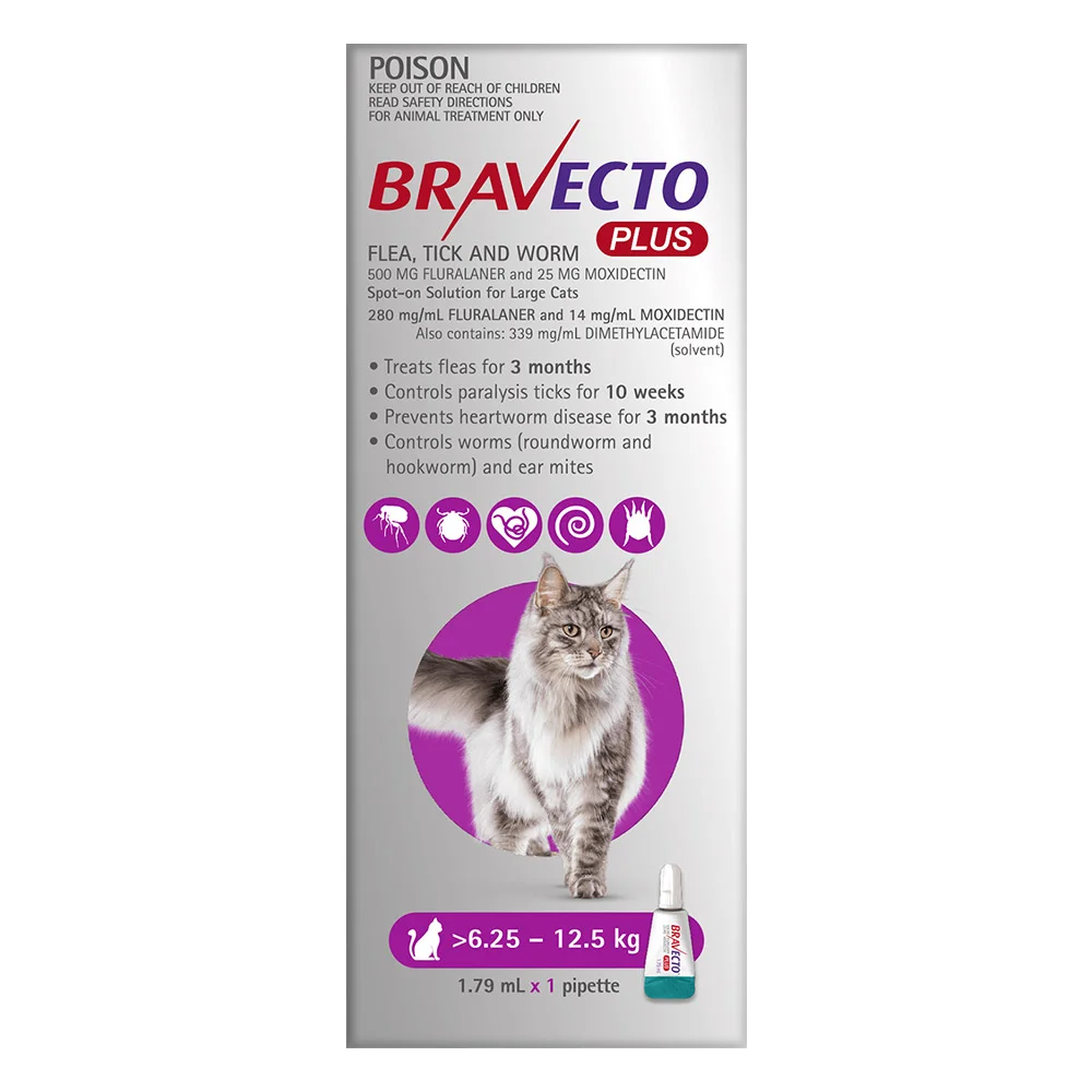 Bravecto Plus for Cats Purple 6.25kg - 12.5kg Spot On