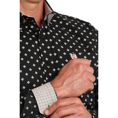 Cinch Mens Geometric Print Stretch Black LS Shirt