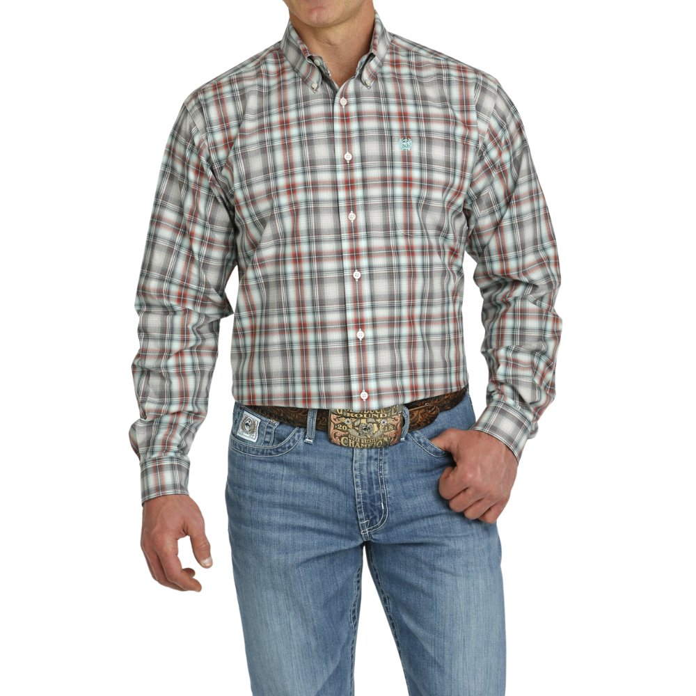 Cinch Mens Aqua Charcoal Red Check LS Shirt