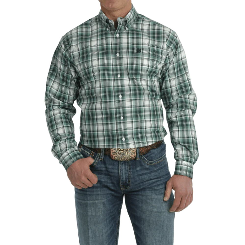 Cinch Mens Green White Check LS Shirt