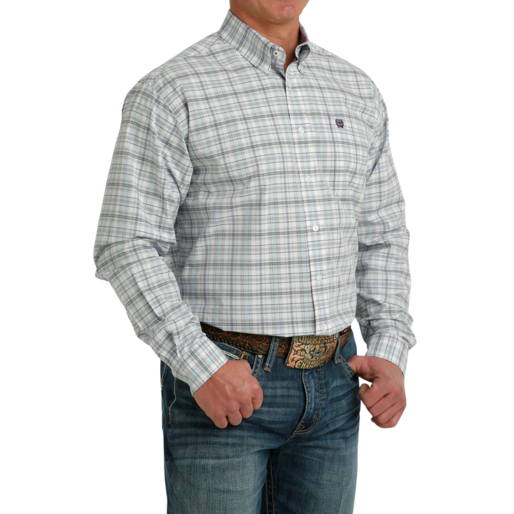 Cinch Mens White/Lilac Check LS Shirt