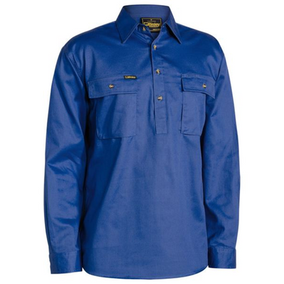 Bisley Mens Drill 1/2 Button Long Sleeve Workshirt