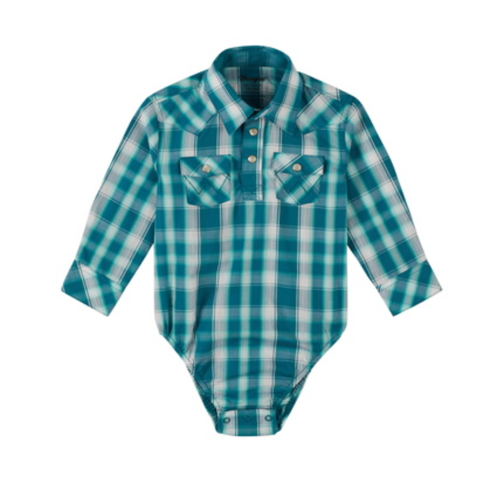 Wrangler USA Baby Boys Teal Check Long Sleeve Bodysuit
